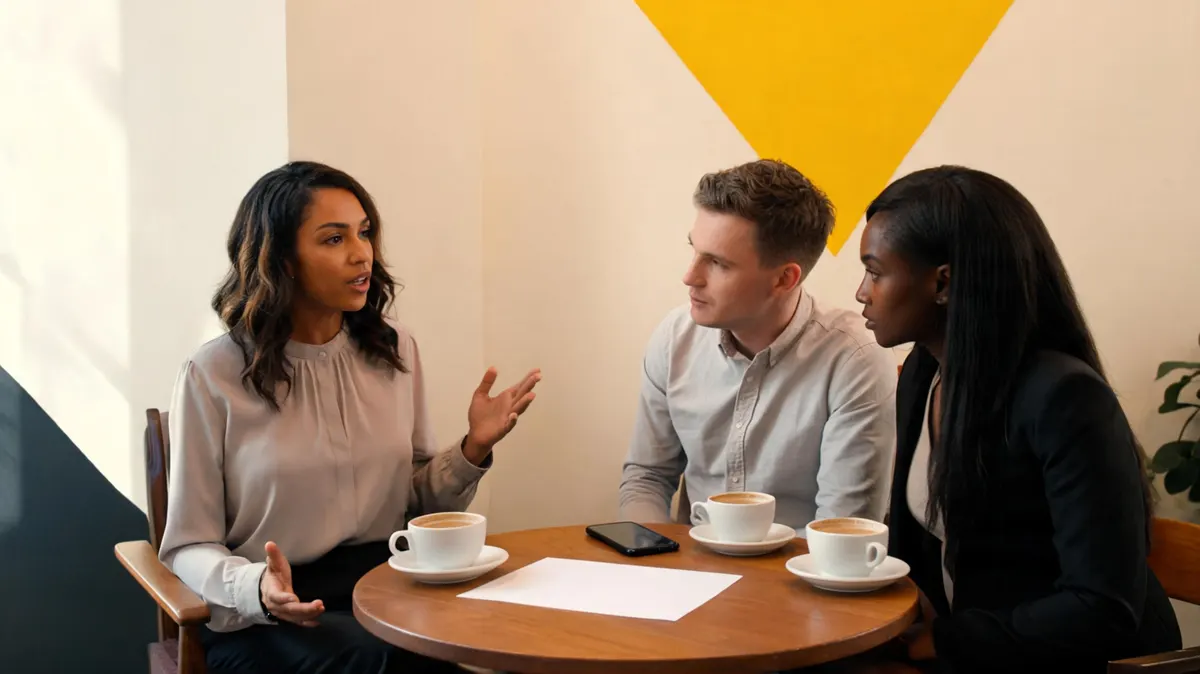 Event organizer confidently pitching to two brand managers across a coffee shop table with a single printed one-pager visible, warm cream editorial aesthetic with yellow triangle accent
