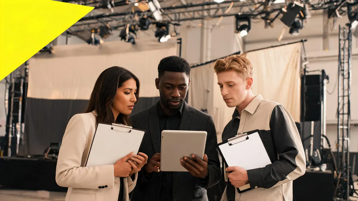 Event production team reviewing run-of-show documents on clipboards at an event venue with sponsor banners visible in the background, warm cream editorial aesthetic with yellow triangle graphic accent