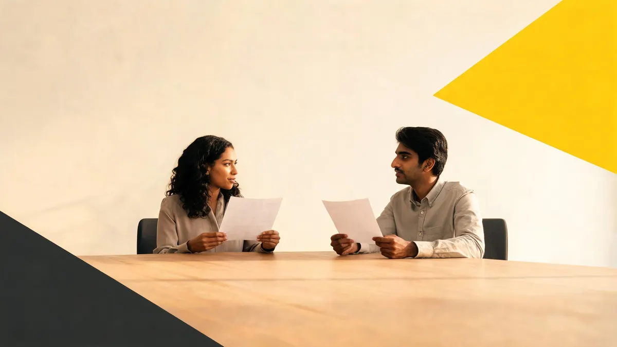 Two professionals comparing printed brand scoring worksheets on a cream-colored conference table, bold yellow triangle graphic on the wall, charcoal triangle accent in the corner