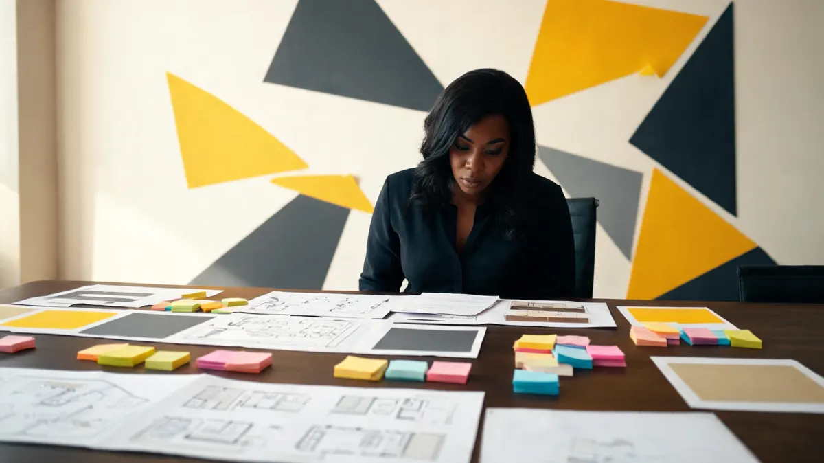 Sponsorship strategist reviewing tiered sponsorship proposal documents on a large table with sticky notes, warm cream office backdrop with bold yellow triangular accent shapes on the wall