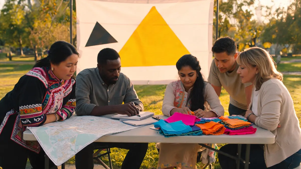 Diverse group of festival organizers and brand representatives gathered around an outdoor event planning table, colorful cultural decor visible, yellow triangle design element overhead, warm afternoon light