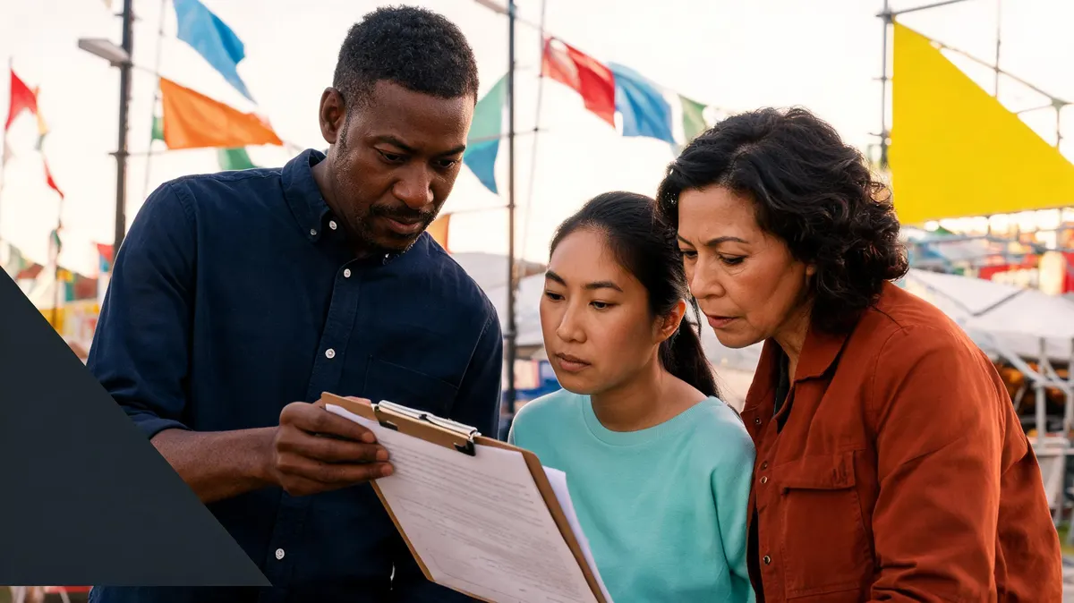 Multicultural community festival organizers reviewing sponsorship agreement documents outdoors, warm cream tones, yellow triangle graphic element on nearby signage structure