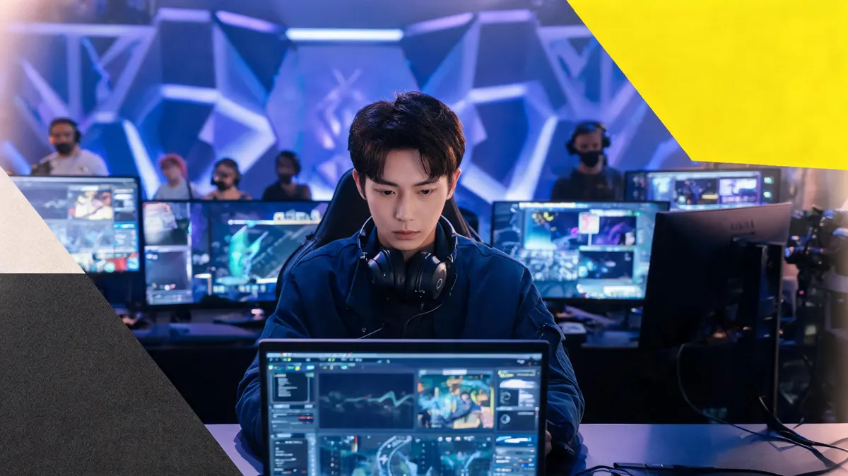 Esports event organizer reviewing sponsorship metrics on a laptop at a tournament production desk, large gaming monitors and branded stage backdrop visible in background