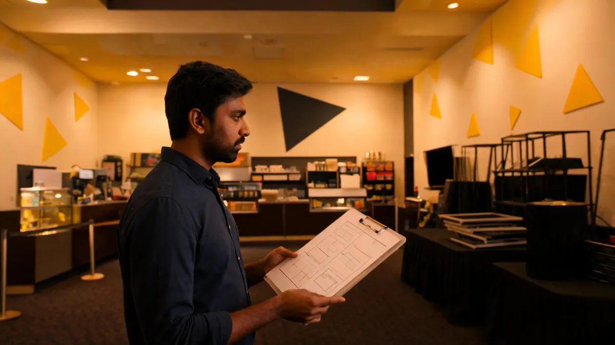 Film festival sponsorship coordinator in a cinema lobby reviewing sponsor activation layouts on a clipboard, warm cream walls with large yellow triangle decorative elements and charcoal geometric accents