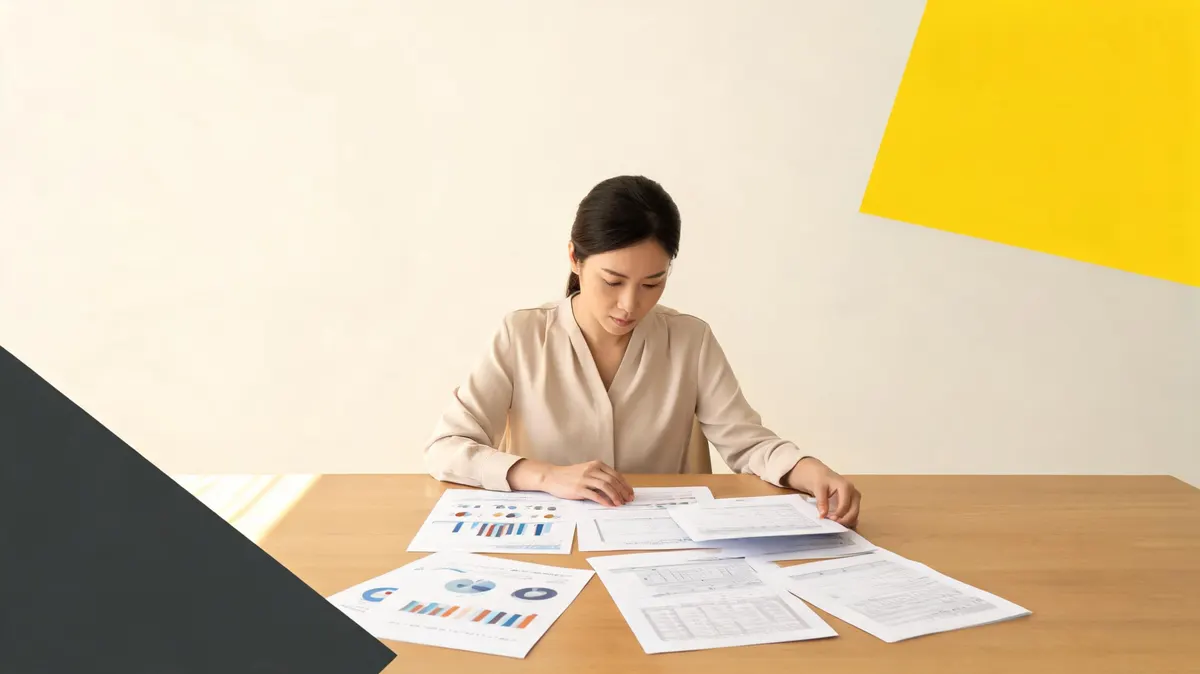 Event organizer reviewing printed audience demographic charts at a table with a large yellow triangle graphic and charcoal accents on the wall behind