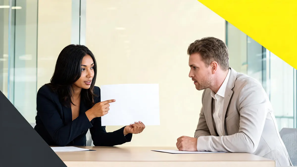 Two professionals in a bright conference room, one presenting from a printed one-page sponsorship overview, the other leaning forward listening