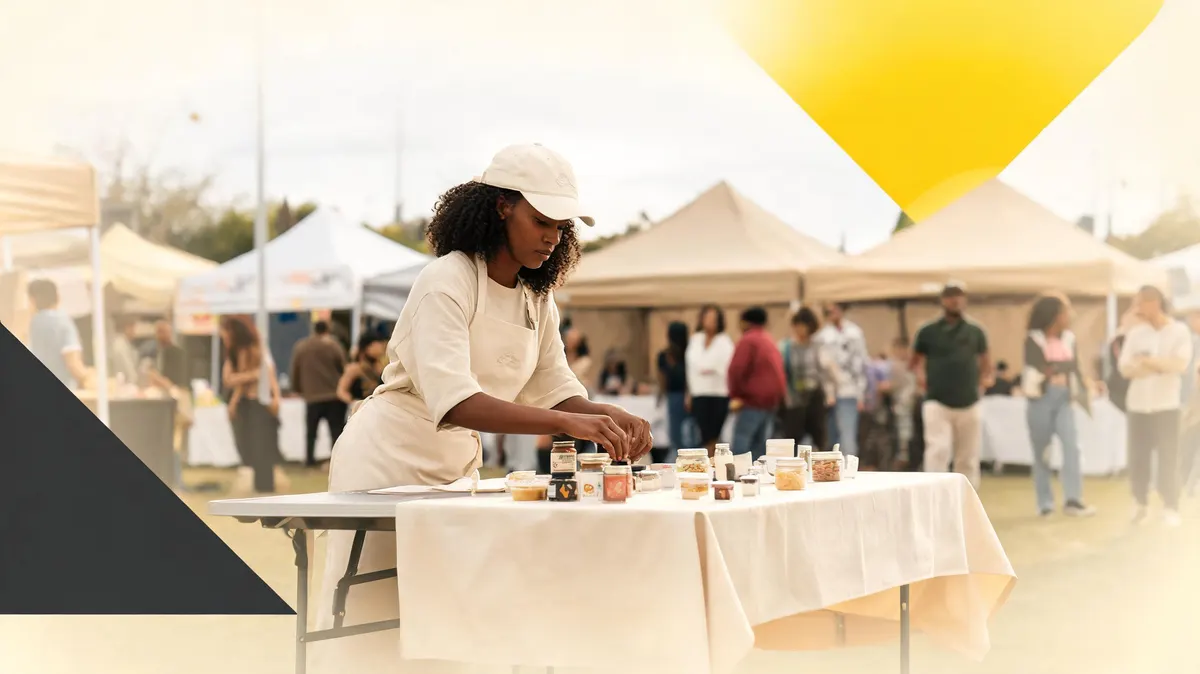 Food festival brand activation manager setting up a sampling booth with branded tablecloth and product displays, outdoor festival tents and crowd visible in background