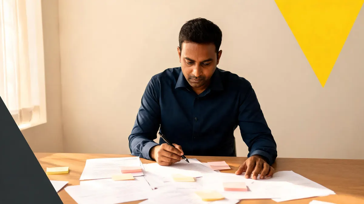 Founder at a standing desk in a minimal Twin Cities home office, annotating printed sponsorship proposals with handwritten notes in the margins