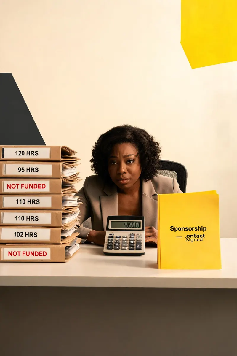 A worn desk with a tall stack of rejected grant application binders beside a slim yellow sponsorship contract folder, a calculator showing cost-per-dollar math, and a charcoal hourglass — warm cream backdrop with yellow triangle accent, editorial quality photograph of a tired nonprofit fundraiser reviewing the numbers