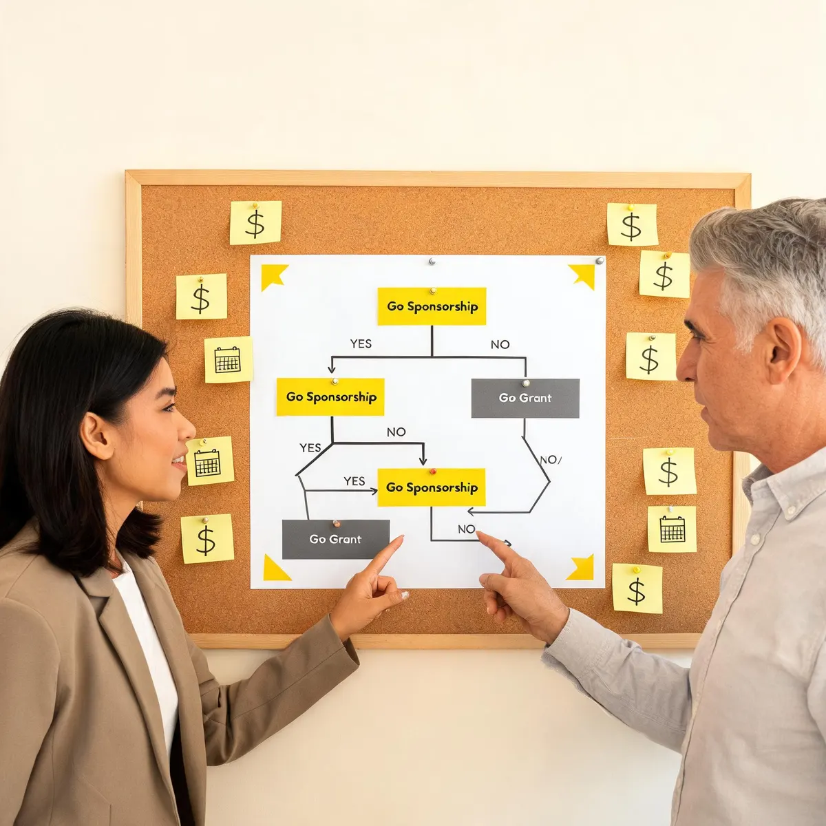 A clean decision-tree flowchart printed on cream paper with yes-no branches leading to yellow 'Sponsorship' and charcoal 'Grant' destination boxes, pinned to a warm cream corkboard beside sticky notes, with a multicultural event planning team gesturing at the chart during a strategy session