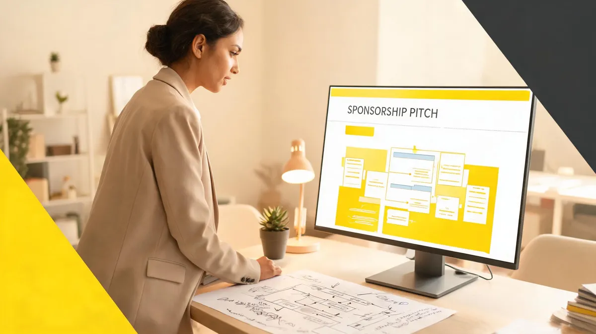 A nonprofit program manager at a standing desk translating a paper logic model into a bold digital pitch deck on a large monitor, warm cream office setting with yellow design accents