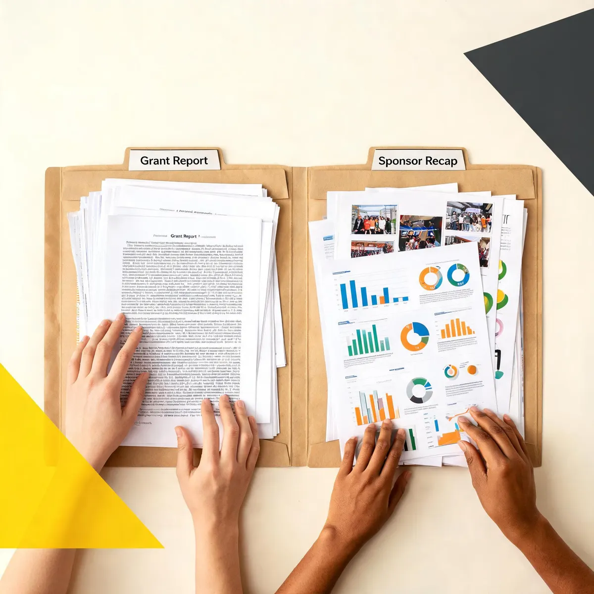 Two open folders side by side on a clean desk — one labeled Grant Report with dense text documents, the other labeled Sponsor Recap with infographic charts and event photos, warm cream background