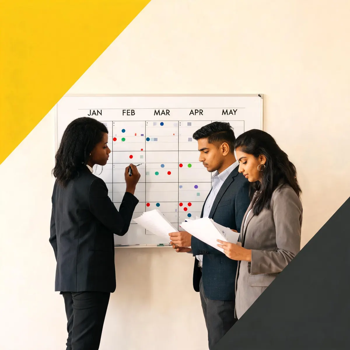 A nonprofit team gathered around a whiteboard showing a 12-month funding diversification roadmap with grant and sponsorship milestones marked, warm cream backdrop with large yellow triangle accent in upper left
