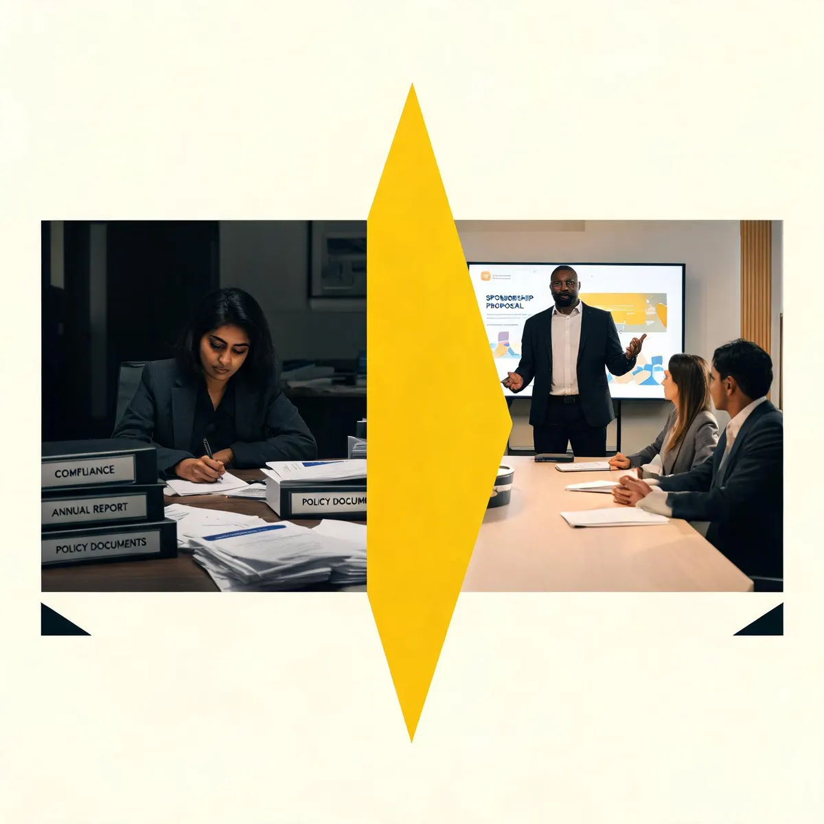 Split-screen editorial photograph: left side shows a grant writer at a desk surrounded by policy documents and foundation guidelines in charcoal tones; right side shows a sponsorship strategist in a bright meeting presenting a brand activation deck to corporate partners, with a yellow triangle accent dividing the two scenes on a warm cream background