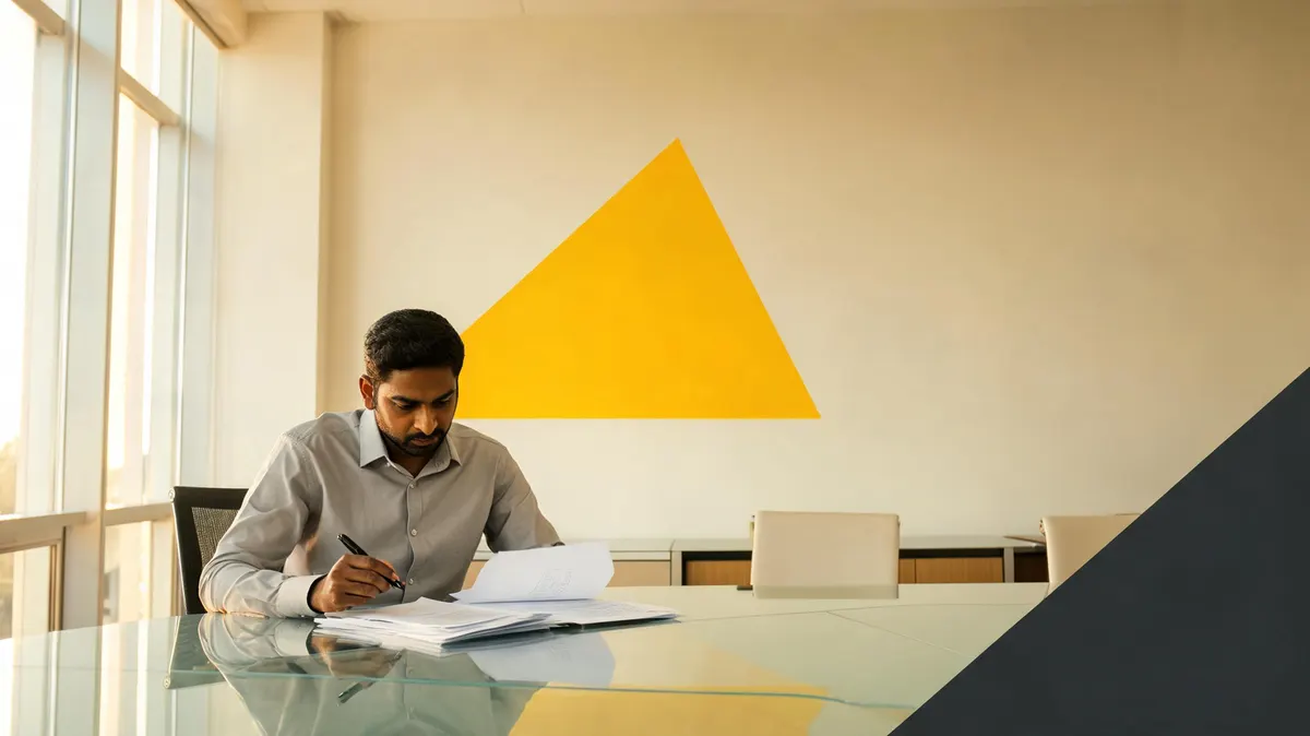 Event director reviewing a clean sponsorship proposal document at a glass table, yellow triangle accent on wall behind, warm editorial light, confident posture