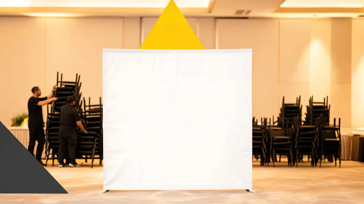 Empty step-and-repeat banner backdrop at an event venue with no logos, chairs being stacked nearby, warm cream ambient lighting in background with yellow triangle accent