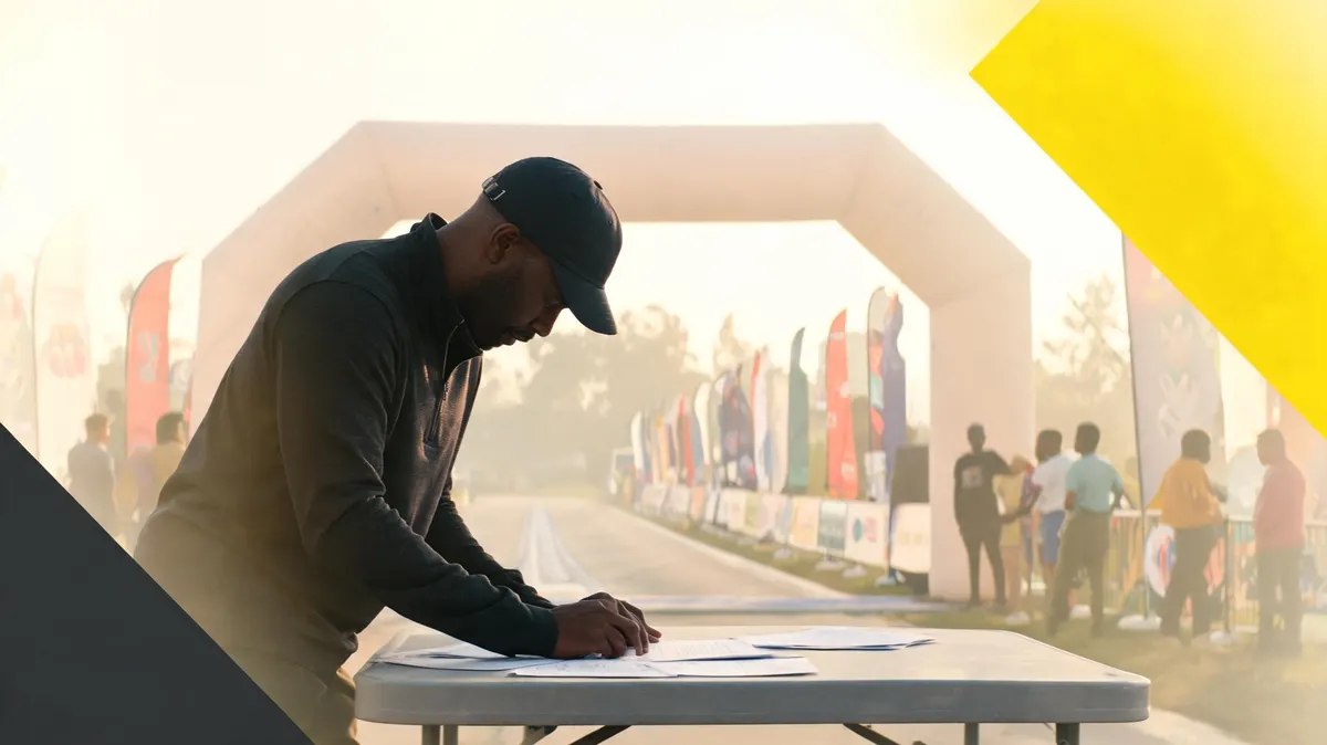 Race director reviewing a sponsorship tier chart at a folding table near a finish line archway, branded banners visible along the course chute, early morning light