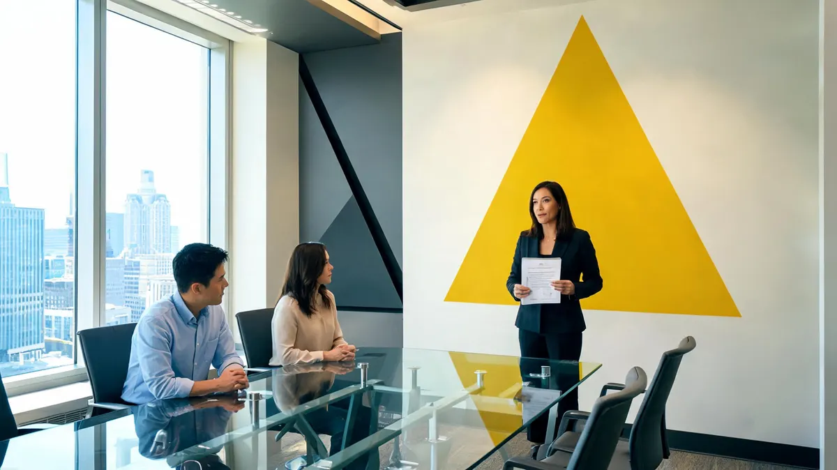 Professional woman presenting a sponsorship proposal to two brand representatives at a glass-walled conference room, yellow triangle design element on cream wall, Minneapolis skyline in background