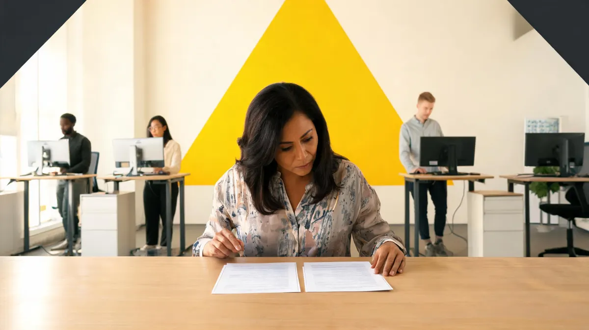 Nonprofit director reviewing a two-column funding comparison chart at a sunlit desk, yellow triangle design element behind her, diverse team members visible in background