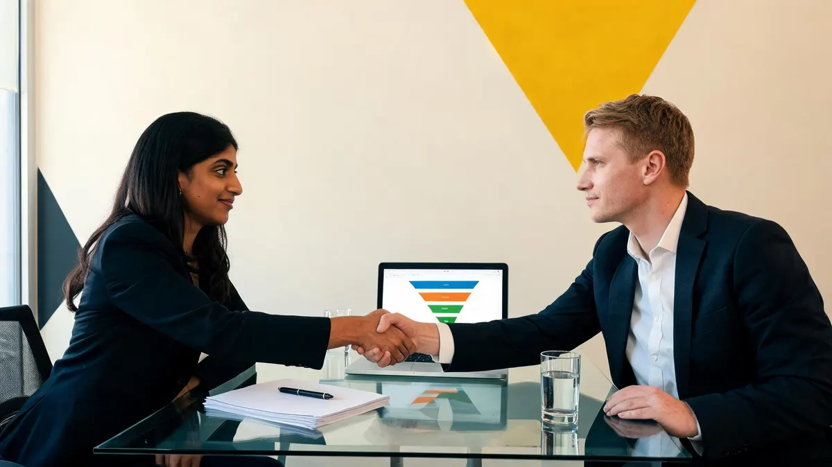 Two professionals shaking hands across a conference table with sponsorship agreement documents and a laptop open to a CRM pipeline, warm cream editorial setting with yellow triangle accent