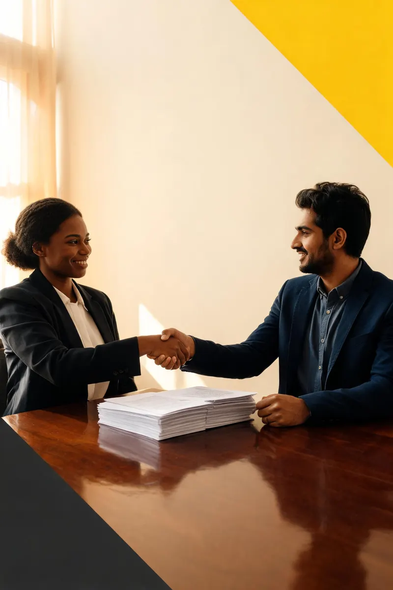 Nonprofit leader and corporate sponsor shaking hands across a conference table with a multi-year partnership agreement visible, warm cream backdrop with bold yellow triangle accent and charcoal geometric detail