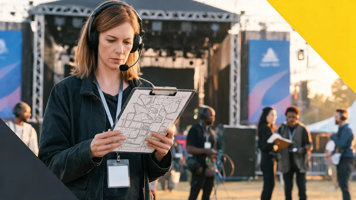 Festival production manager reviewing a sponsorship activation map backstage at an outdoor music stage, branded banners visible on stage wings, golden hour lighting