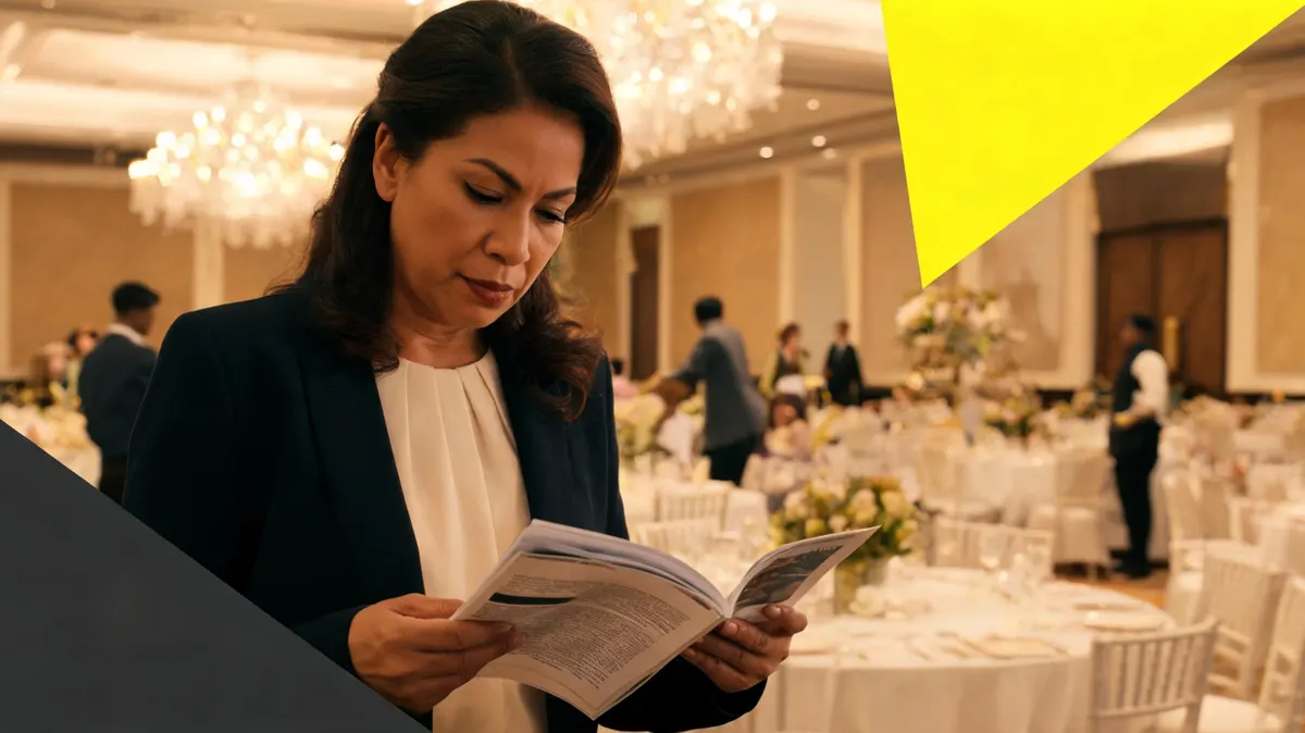 Nonprofit development director reviewing table sponsorship materials at a gala venue, elegant round tables visible in background, warm lighting, dressed in professional attire