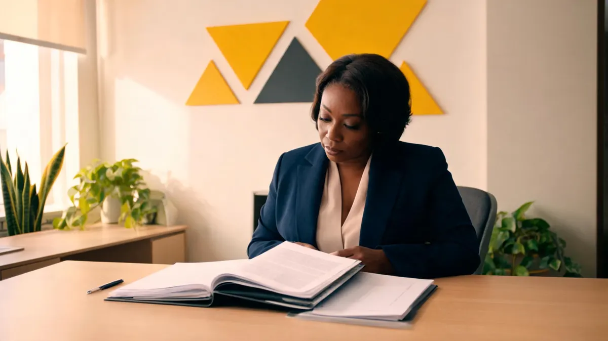 Nonprofit executive director reviewing a corporate sponsorship proposal binder at a desk in a community organization office, warm cream walls with yellow triangle accent decor, focused afternoon light