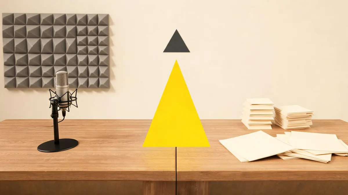 Side-by-side scene showing a podcast microphone setup on one side of a divided wooden desk and event floor plan documents on the other, warm cream background with yellow triangle accent divider element