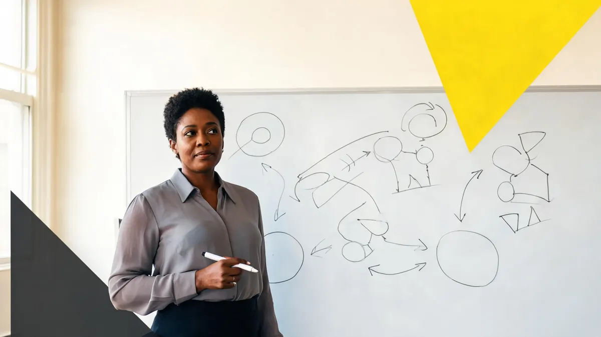 Nonprofit director writing sponsorship pricing calculations on a large whiteboard, yellow triangle graphic behind her, natural light, editorial style