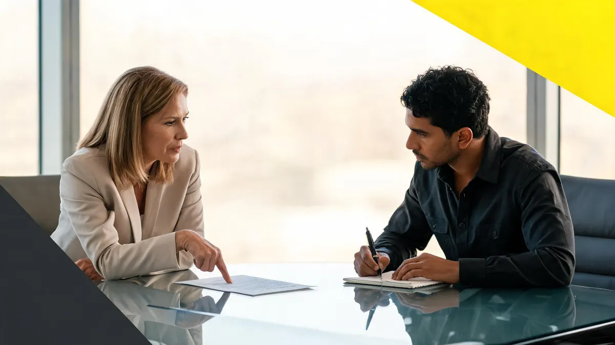 Two professionals in final contract review at a conference table, one pointing to a specific clause on a printed agreement while the other takes notes