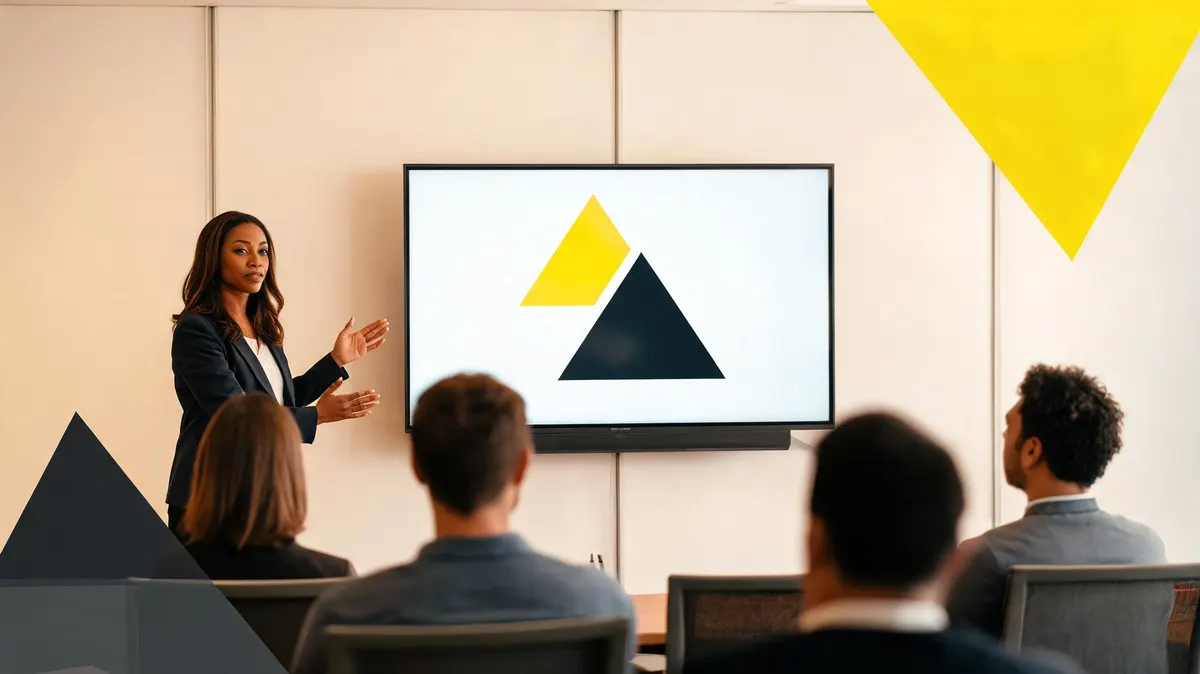 Presenter advancing through a clean minimal sponsorship slide deck on a large screen, yellow triangle graphic visible on slide, editorial conference room setting