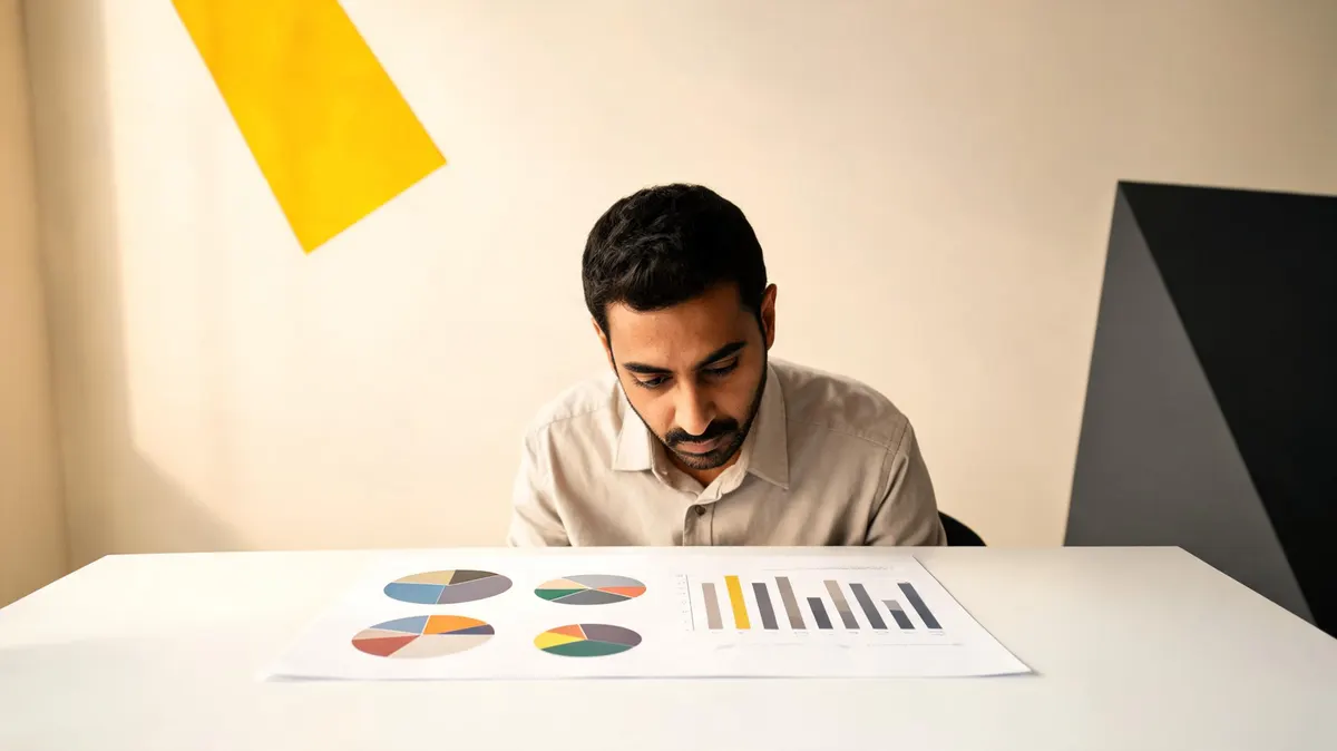 Event professional reviewing colorful printed demographic breakdown charts at a clean desk, large yellow triangle graphic on cream wall behind, charcoal triangle accent at lower right
