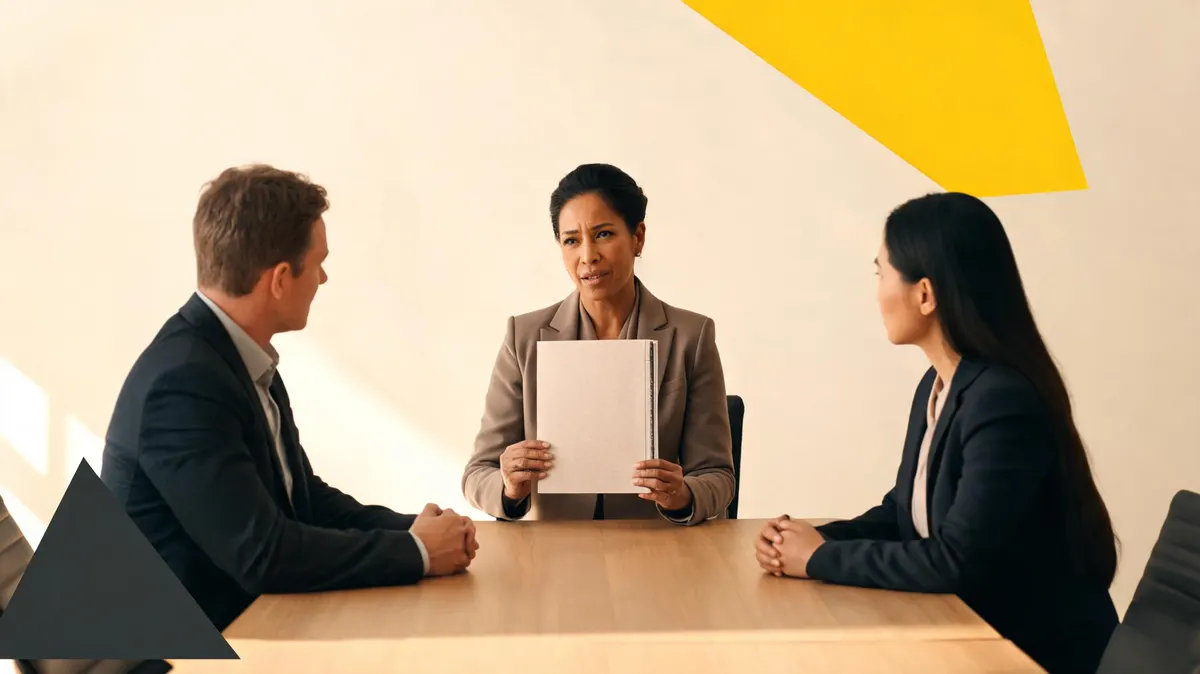 Nonprofit director presenting a bound audit report across a meeting table to two corporate representatives, warm cream backdrop, bold yellow triangle accent on the wall, charcoal triangle in the foreground