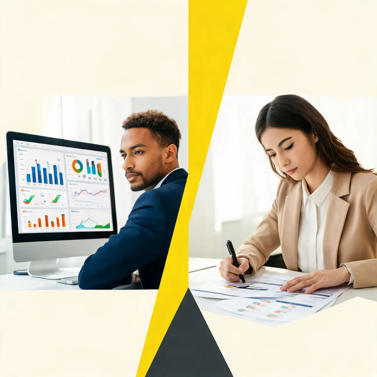 Two-panel editorial image: a marketing analyst reviewing a sponsor ROI dashboard with engagement metrics on the left, and a foundation program officer reviewing an impact outcomes report on the right, warm cream backdrop with yellow triangle divider