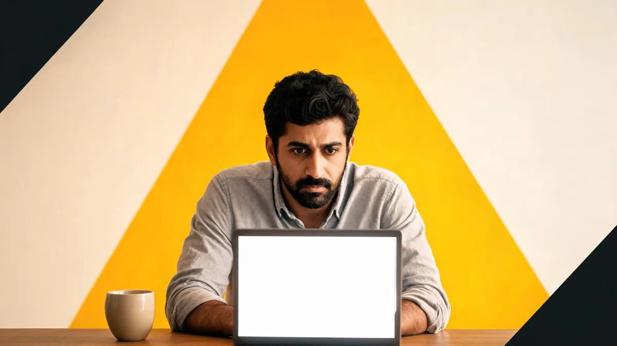 Event organizer staring at a laptop screen showing an empty email inbox, worried expression, warm cream home office backdrop, yellow triangle wall art visible in background