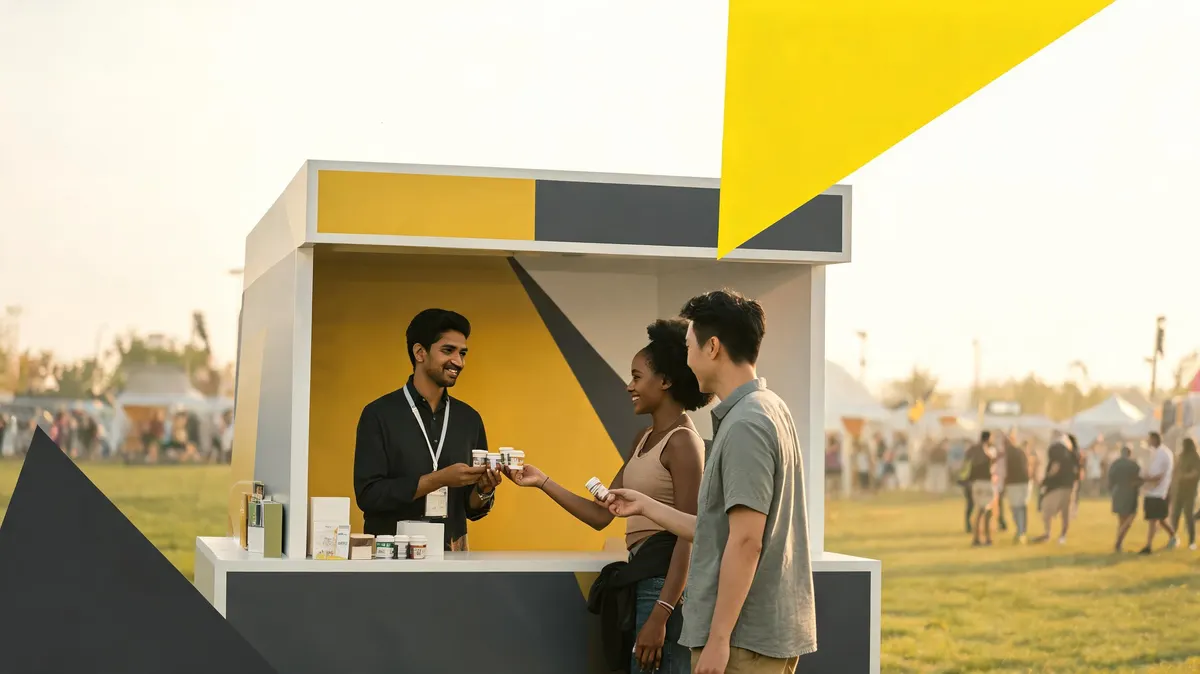 Brand activation booth at an outdoor community festival — product sampling setup, yellow geometric backdrop, engaged attendees, warm natural daylight, editorial style