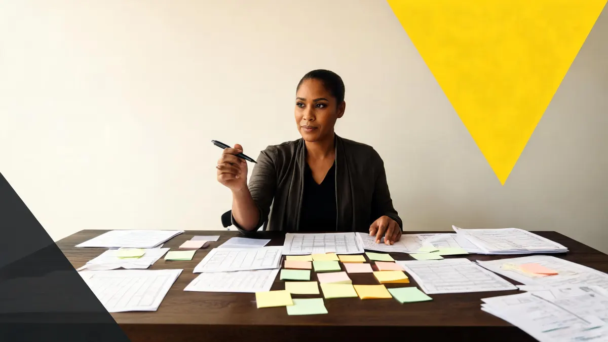 Event organizer reviewing a detailed sponsorship asset checklist spread across a large desk, yellow sticky notes marking high-value items, warm editorial lighting