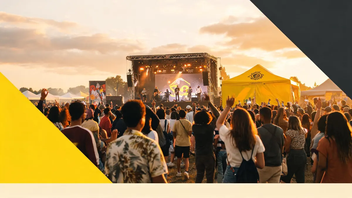 Outdoor summer festival crowd in golden-hour light, a large branded activation tent visible behind the stage, warm cream and yellow color palette editorial photo