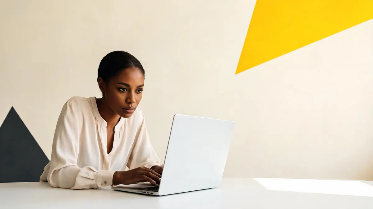 Young woman typing a focused email on a laptop at a minimal desk, bold yellow triangle accent on the cream wall behind her, charcoal triangle in the lower corner