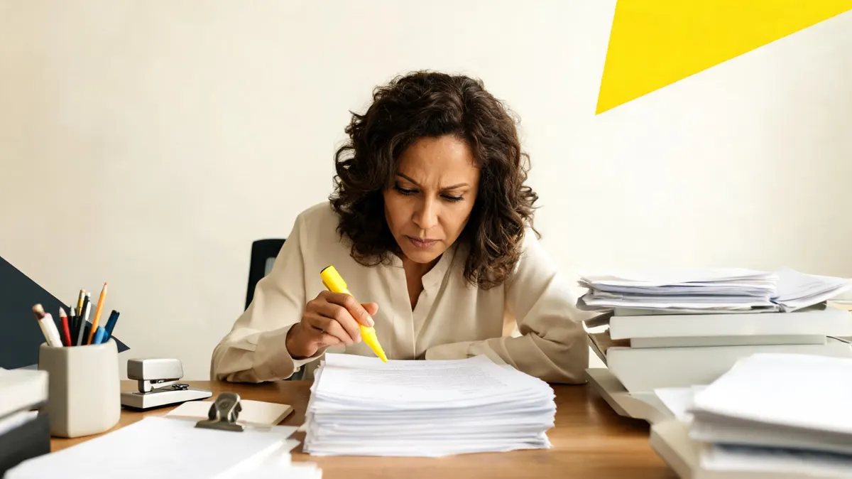 Festival director reviewing a multi-page sponsorship contract at a wooden desk, yellow highlighter in hand, stacks of folders visible in the background