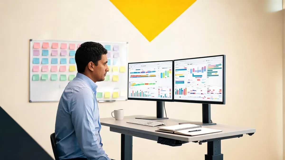 Marketing manager reviewing a CRM pipeline on dual monitors at a standing desk with sticky note deal stages on a whiteboard behind them, warm cream background with yellow triangle accent