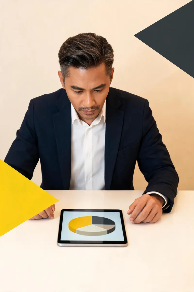 A nonprofit finance director reviewing a multi-layer funding pie chart on a tablet, showing sponsorship, grants, earned revenue, and individual giving in warm cream and yellow editorial photography