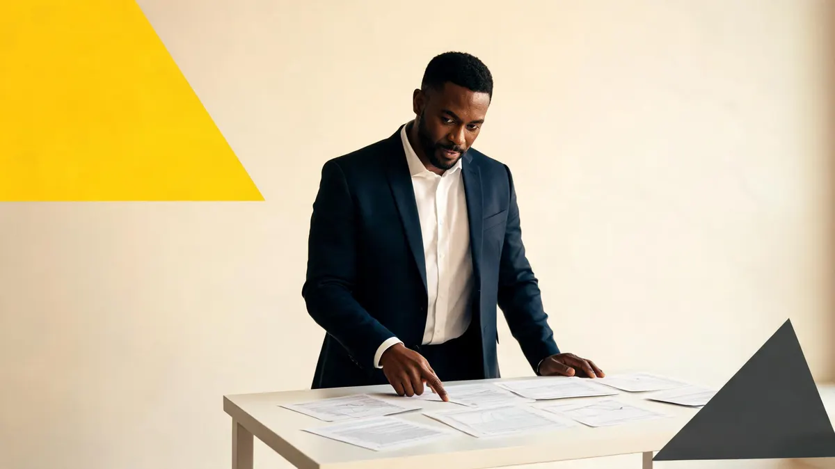 Marketing analyst at a standing desk pointing to a printed sponsorship reach report, large yellow triangle accent visible on the cream-colored wall behind, charcoal triangle in the foreground