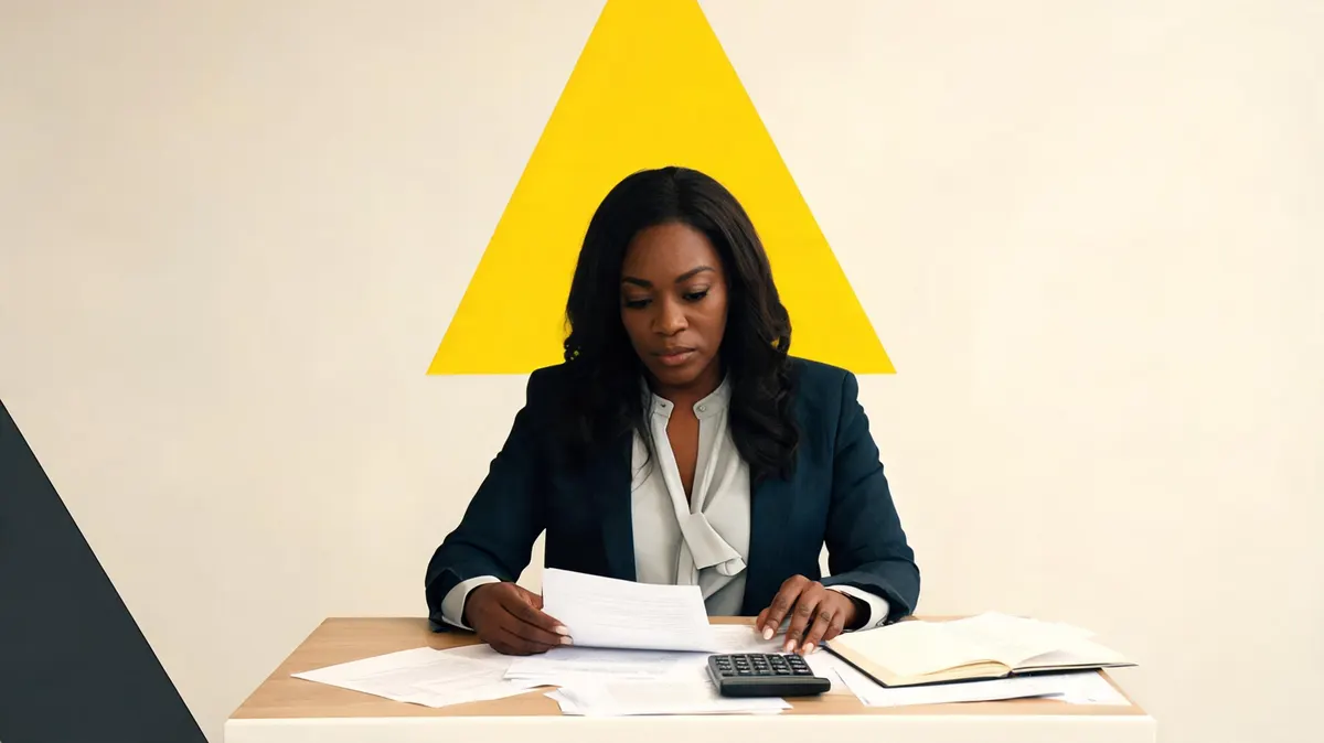 Event organizer reviewing pricing documents at a desk with calculator and notebook, determined expression, warm cream backdrop with yellow triangle design element visible on wall
