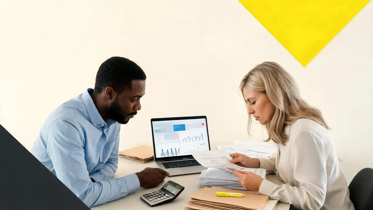 Accountant and event organizer reviewing sponsorship invoices and tax forms at a clean desk with a laptop showing a billing dashboard, warm cream background with yellow triangle accent