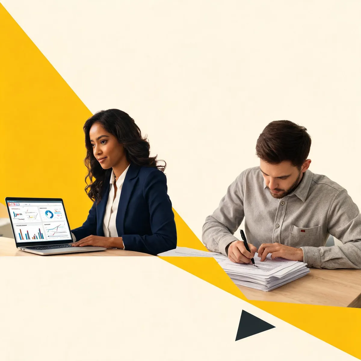 Split-frame editorial image showing a corporate marketing budget spreadsheet on one side and a nonprofit grant application on the other, warm cream backdrop with a bold yellow triangle graphic dividing the two worlds