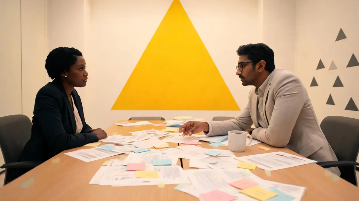 Two professionals at a conference table reviewing a sponsorship proposal document with sticky notes and a coffee cup, warm cream backdrop with yellow triangle graphic element in corner