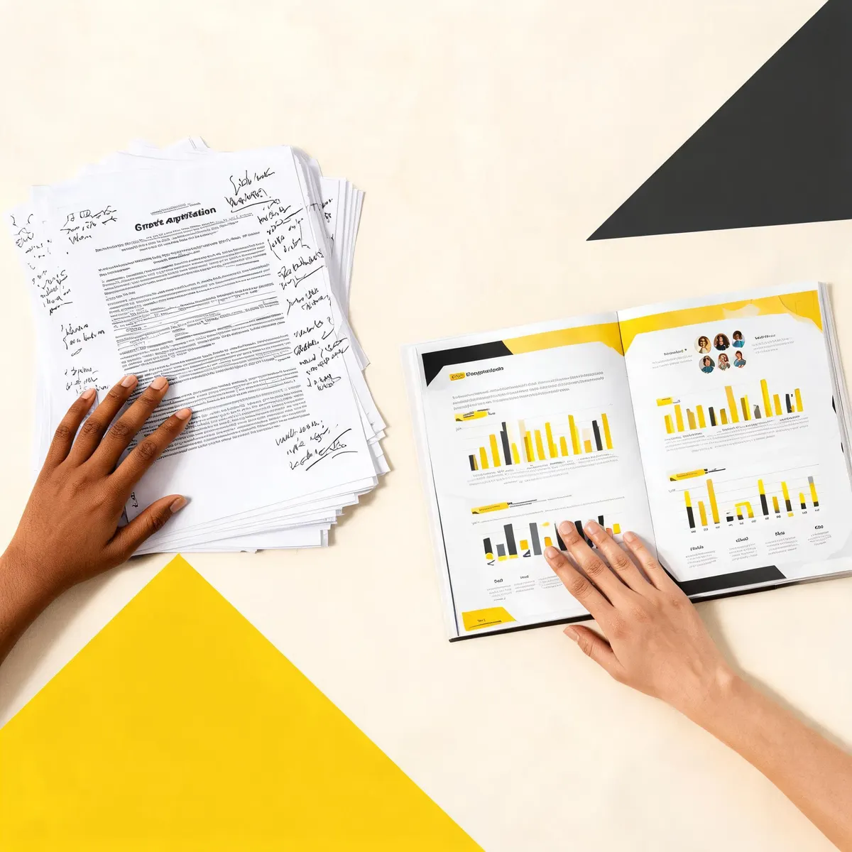 Two documents spread on a light cream desk — a dense grant application with text-heavy pages and a sleek visual sponsorship pitch deck with charts and bold typography — charcoal and yellow accents