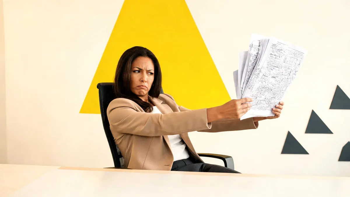 A frustrated brand manager in business casual attire sitting at a desk looking at a poorly formatted sponsorship proposal printout, warm cream office background, yellow triangle accent on wall